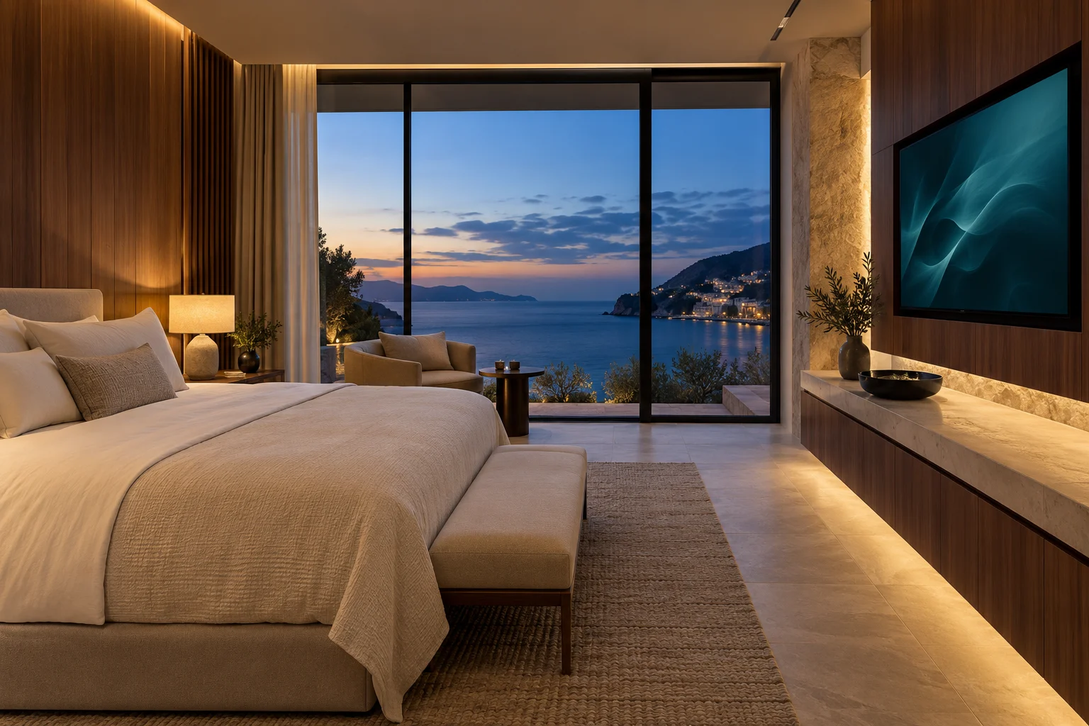 Inntelly için tasarlanmış, interaktif televizyonlu modern otel odası konsepti